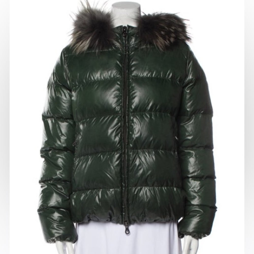 HARDLY WORN Duvetica Adhara Hooded Down Coat with Fur Trim in Dark Green size S